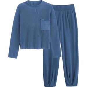 imagePRETTYGARDEN Womens Winter 2 Piece Sweater Set Casual Pullover Top High Waisted Sweatpants Tracksuit Lounge OutfitsDark Blue