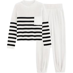 imagePRETTYGARDEN Womens Winter 2 Piece Sweater Set Casual Pullover Top High Waisted Sweatpants Tracksuit Lounge OutfitsStriped White