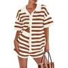 imagePRETTYGARDEN Womens 2 Piece Shorts Sets Casual Summer 2025 Short Sleeve Striped Sweater Set Matching Beach Vacation OutfitKhaki