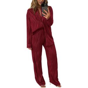 imagePRETTYGARDEN Womens 2 Piece Textured Sets Casual Button Down Shirt Wide Leg Pants Outfit Loungewear TracksuitWine Red