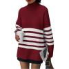imagePRETTYGARDEN Womens Oversized Striped Sweaters Fall Casual Long Sleeve Turtleneck Pullover Chunky Knit Jumper TopsWine Red