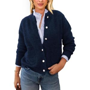 imagePRETTYGARDEN Womens Knit Cardigan Sweaters Casual Long Sleeve Open Front Button Up Ribbed Fall Spring Sweater JacketsNavy
