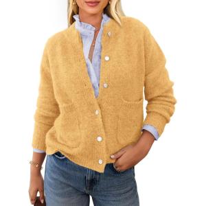 imagePRETTYGARDEN Womens Knit Cardigan Sweaters Casual Long Sleeve Open Front Button Up Ribbed Fall Spring Sweater JacketsYellow