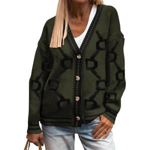 imagePRETTYGARDEN Womens Spring Fall Chunky Knit Cardigan Sweaters Casual Open Front Button Up Winter Coats OuterwearArmy Green Black