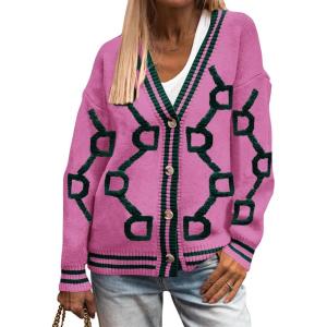imagePRETTYGARDEN Womens Spring Fall Chunky Knit Cardigan Sweaters Casual Open Front Button Up Winter Coats OuterwearRose Red Green