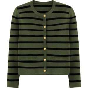 imagePRETTYGARDEN Womens Winter Cardigan Sweaters Button Down Open Front Long Sleeve Knit Cardigans Shirt Trendy OuterwearStriped Army Green