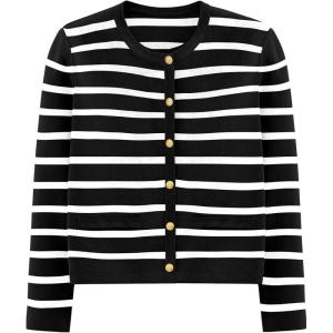 imagePRETTYGARDEN Womens Winter Cardigan Sweaters Button Down Open Front Long Sleeve Knit Cardigans Shirt Trendy OuterwearStriped Black