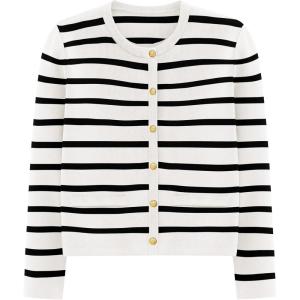 imagePRETTYGARDEN Womens Winter Cardigan Sweaters Button Down Open Front Long Sleeve Knit Cardigans Shirt Trendy OuterwearStriped White