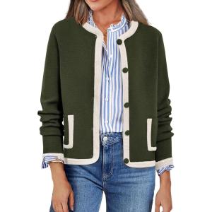 imagePRETTYGARDEN Womens Winter Trendy Button Down Open Front Cardigan Sweaters Knit Color Block Jackets Fall Fashion ClothesArmy Green