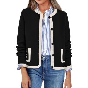 imagePRETTYGARDEN Womens Winter Trendy Button Down Open Front Cardigan Sweaters Knit Color Block Jackets Fall Fashion ClothesBlack