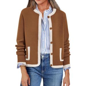 imagePRETTYGARDEN Womens Winter Trendy Button Down Open Front Cardigan Sweaters Knit Color Block Jackets Fall Fashion ClothesCaramel