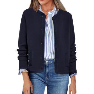 imagePRETTYGARDEN Womens Winter Trendy Button Down Open Front Cardigan Sweaters Knit Color Block Jackets Fall Fashion ClothesNavy