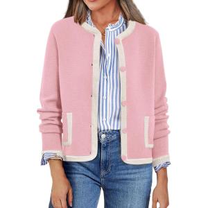 imagePRETTYGARDEN Womens Winter Trendy Button Down Open Front Cardigan Sweaters Knit Color Block Jackets Fall Fashion ClothesPink