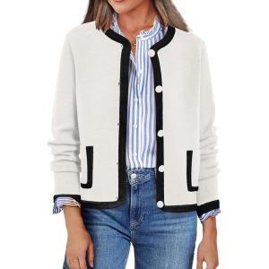 imagePRETTYGARDEN Womens Winter Trendy Button Down Open Front Cardigan Sweaters Knit Color Block Jackets Fall Fashion ClothesWhite