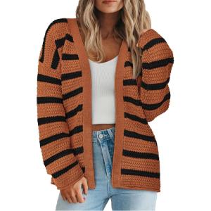 imagePRETTYGARDEN Womens 2024 Fall Striped Open Front Cardigan Sweaters Chunky Knit Long Sleeve Loose Trendy Winter CardigansStriped Brown Black
