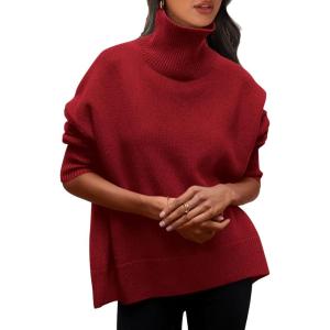 imagePRETTYGARDEN Womens Turtleneck Oversized Sweater Long Sleeve Chunky Knit Pullover Casual Winter Jumper TopsRed