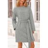 imagePRETTYGARDEN Womens Long Sleeve Dresses Spring Fall Casual Short Belted Dress Trendy Quilted Outfits with PocketsLight Grey