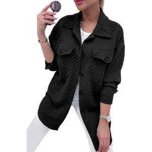 imagePRETTYGARDEN Womens 2024 Winter Jackets Lapel Coat Outerwear Casual Long Sleeve Button Down Blouse Shirts TopsBlack