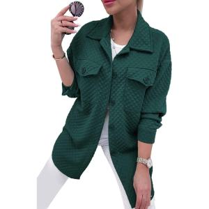 imagePRETTYGARDEN Womens 2024 Winter Jackets Lapel Coat Outerwear Casual Long Sleeve Button Down Blouse Shirts TopsDark Green