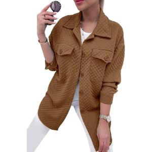 imagePRETTYGARDEN Womens 2024 Winter Jackets Lapel Coat Outerwear Casual Long Sleeve Button Down Blouse Shirts TopsDark Khaki