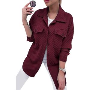 imagePRETTYGARDEN Womens 2024 Winter Jackets Lapel Coat Outerwear Casual Long Sleeve Button Down Blouse Shirts TopsDark Wine Red