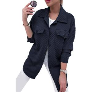 imagePRETTYGARDEN Womens 2024 Winter Jackets Lapel Coat Outerwear Casual Long Sleeve Button Down Blouse Shirts TopsNavy