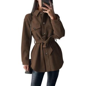 imagePRETTYGARDEN Womens Fall Fashion Winter Trench Coats Lapel Button Down Peacoat Belted Outerwear Casual JacketsCoffee
