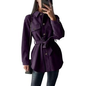 imagePRETTYGARDEN Womens Fall Fashion Winter Trench Coats Lapel Button Down Peacoat Belted Outerwear Casual JacketsDark Purple