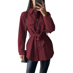 imagePRETTYGARDEN Womens Fall Fashion Winter Trench Coats Lapel Button Down Peacoat Belted Outerwear Casual JacketsWine Red