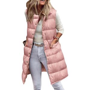imagePRETTYGARDEN Womens Fall Long Puffer Vest Collared Sleeveless Button Down Warm Jackets Coat Casual Trendy Winter OuterwearPink