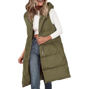 imagePRETTYGARDEN Womens Long Puffer Vest Fall Winter Trendy Zip Up Sleeveless Coat Down Jacket Quilted Hooded Warm OuterwearArmy Green