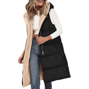 imagePRETTYGARDEN Womens Long Puffer Vest Fall Winter Trendy Zip Up Sleeveless Coat Down Jacket Quilted Hooded Warm OuterwearBlack