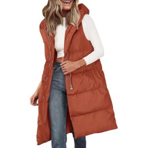 imagePRETTYGARDEN Womens Long Puffer Vest Fall Winter Trendy Zip Up Sleeveless Coat Down Jacket Quilted Hooded Warm OuterwearBrick Red
