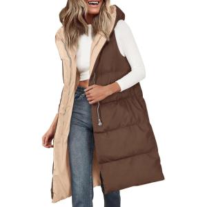 imagePRETTYGARDEN Womens Long Puffer Vest Fall Winter Trendy Zip Up Sleeveless Coat Down Jacket Quilted Hooded Warm OuterwearDark Brown