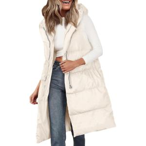 imagePRETTYGARDEN Womens Long Puffer Vest Fall Winter Trendy Zip Up Sleeveless Coat Down Jacket Quilted Hooded Warm OuterwearWhite