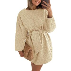 imagePRETTYGARDEN Womens Long Sleeve Dresses Spring Fall Casual Short Belted Dress Trendy Quilted Outfits with PocketsBeige