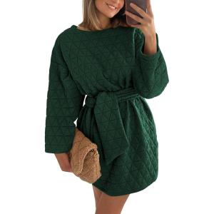 imagePRETTYGARDEN Womens Long Sleeve Dresses Spring Fall Casual Short Belted Dress Trendy Quilted Outfits with PocketsDark Green