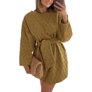 imagePRETTYGARDEN Womens Long Sleeve Dresses Spring Fall Casual Short Belted Dress Trendy Quilted Outfits with PocketsOlive Green