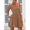 imagePRETTYGARDEN Womens Bubble Mini Dress 2025 Summer Strapless Tube Top Short A Line Sundress Trendy Casual Smocked DressesKhaki