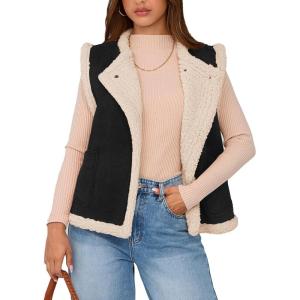 imagePRETTYGARDEN Womens Fall Fashion Faux Suede Vest Casual Sleeveless Button Down Fleece Sherpa Jacket Winter Coats OuterwearBlack