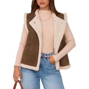 imagePRETTYGARDEN Womens Fall Fashion Faux Suede Vest Casual Sleeveless Button Down Fleece Sherpa Jacket Winter Coats OuterwearCoffee