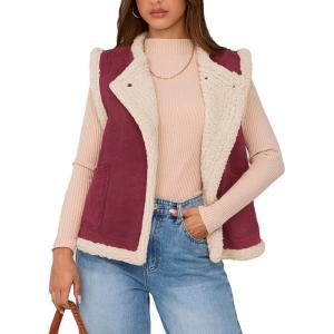 imagePRETTYGARDEN Womens Fall Fashion Faux Suede Vest Casual Sleeveless Button Down Fleece Sherpa Jacket Winter Coats OuterwearWine Red