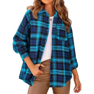 imagePRETTYGARDEN Womens Fall Long Sleeve Button Down Plaid Shirts Collared Loose Fit Cotton Casual Lightweight Shackets BlousesPlaid Blue