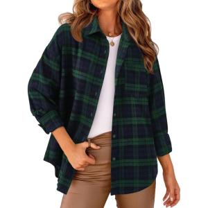 imagePRETTYGARDEN Womens Fall Long Sleeve Button Down Plaid Shirts Collared Loose Fit Cotton Casual Lightweight Shackets BlousesPlaid Green