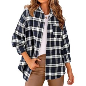 imagePRETTYGARDEN Womens Fall Long Sleeve Button Down Plaid Shirts Collared Loose Fit Cotton Casual Lightweight Shackets BlousesPlaid Navy