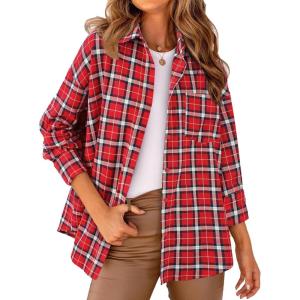 imagePRETTYGARDEN Womens Fall Long Sleeve Button Down Plaid Shirts Collared Loose Fit Cotton Casual Lightweight Shackets BlousesPlaid Red