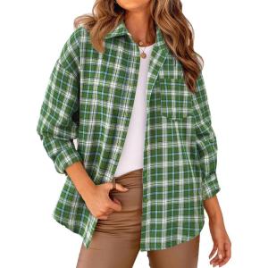 imagePRETTYGARDEN Womens Fall Long Sleeve Button Down Plaid Shirts Collared Loose Fit Cotton Casual Lightweight Shackets BlousesPlaid Sage Green