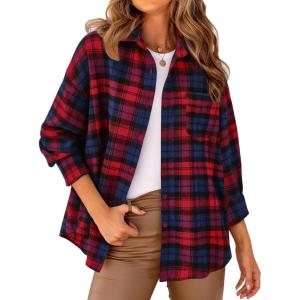 imagePRETTYGARDEN Womens Fall Long Sleeve Button Down Plaid Shirts Collared Loose Fit Cotton Casual Lightweight Shackets BlousesPlaid Wine Red