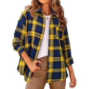 imagePRETTYGARDEN Womens Fall Long Sleeve Button Down Plaid Shirts Collared Loose Fit Cotton Casual Lightweight Shackets BlousesPlaid Yellow