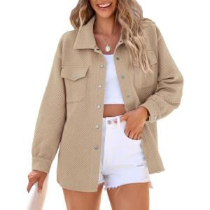 imagePRETTYGARDEN Womens Oversized Shacket Jackets Spring Fall Fashion Clothes Casual Long Sleeve Loose Collared Blouse ShirtsApricot
